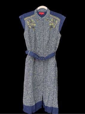 Rene Derhy Paris Beaded Belted Midi Shirt Dress Purple Geometric Modal M